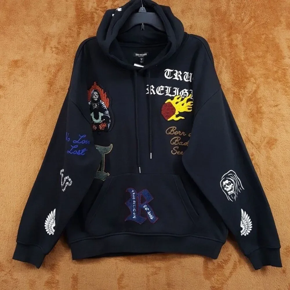 TRUE RELIGION Hoodie Mens Large Black Logo Patch Embroidered Skull Reaper